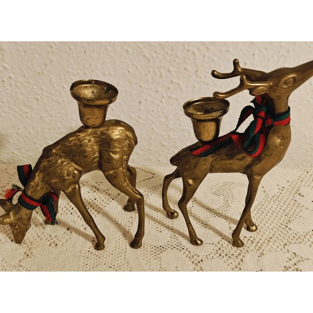 Vintage  Small Brass  Deer Figurine Candle Holder Decor  Set of 2